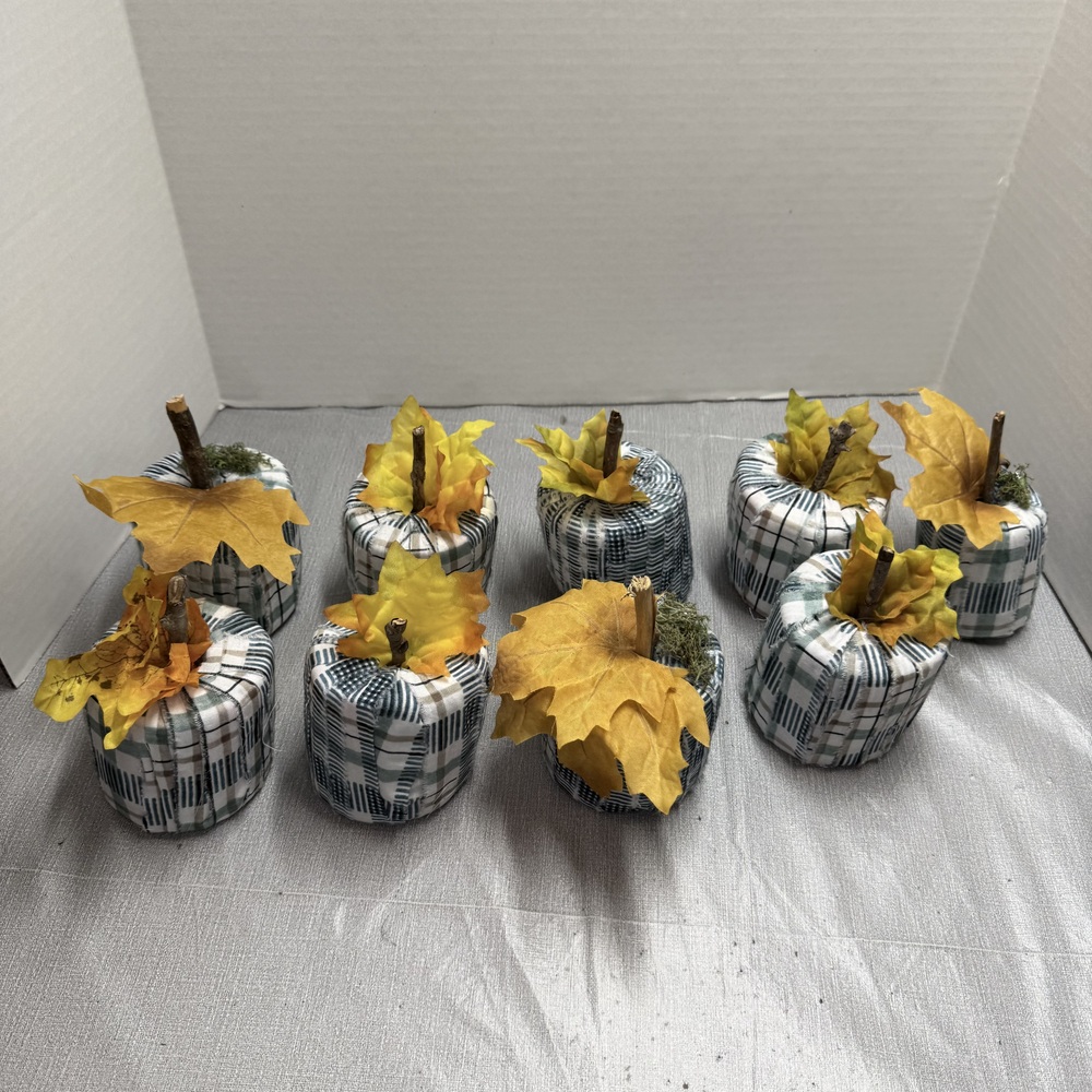 Set of 9 Handmade Fabric Plaid Pumpkins Fall Decor Leaves - Picture 3 of 8